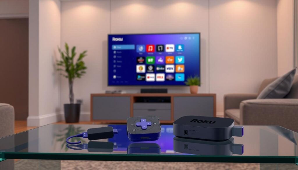 A modern living room scene featuring a Roku streaming device prominently displayed on a sleek glass table. In the foreground, a user, a middle-aged individual in modest casual clothing, is intently setting up the device using a remote control. The middle layer includes a vibrant TV screen showcasing the Roku interface with colorful app icons, surrounded by neatly organized cables and a small potted plant for a touch of greenery. The background consists of a cozy living room with soft ambient lighting, highlighting neutral-toned walls and a stylish couch. The atmosphere is warm and inviting, emphasizing a hassle-free setup process. The overall composition captures the essence of preparing a Roku device for streaming in a comfortable home environment. A modern living room scene featuring a Roku streaming device prominently displayed on a sleek glass table. In the foreground, a user, a middle-aged individual in modest casual clothing, is intently setting up the device using a remote control. The middle layer includes a vibrant TV screen showcasing the Roku interface with colorful app icons, surrounded by neatly organized cables and a small potted plant for a touch of greenery. The background consists of a cozy living room with soft ambient lighting, highlighting neutral-toned walls and a stylish couch. The atmosphere is warm and inviting, emphasizing a hassle-free setup process. The overall composition captures the essence of preparing a Roku device for streaming in a comfortable home environment.