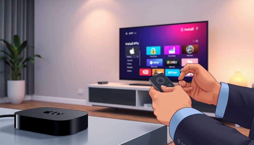 A modern living room scene showcasing an Apple TV setup for IPTV installation. In the foreground, a sleek Apple TV device is displayed on a minimalist entertainment unit, with an HDMI cable visibly connecting it to a contemporary flat-screen TV. A pair of hands in professional attire holds a remote control, adjusting settings on the screen. In the middle ground, the TV screen lights up with vibrant IPTV menu options, while colorful graphics illustrate the installation process. The background features soft, ambient lighting with subtle shadows to create a cozy atmosphere. The overall mood is focused and informative, conveying a sense of ease and accessibility in setting up IPTV on Apple TV.