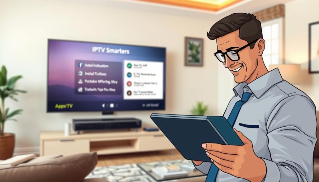A modern living room setting featuring a large television displaying the IPTV Smarters setup interface. In the foreground, a professional-looking person in business casual attire is attentively following installation instructions on a tablet, with a friendly smile. The middle contains a close-up view of the IPTV Smarters application, showing installation steps and a clean, user-friendly interface. The background features a cozy, well-decorated room with soft lighting that creates a warm atmosphere. Natural light filters through a window, enhancing the inviting feel. The angle is slightly elevated to capture both the action of the installation process and the home environment effectively. The overall mood is informative and encouraging, showcasing accessibility and ease of setup for users. A modern living room setting featuring a large television displaying the IPTV Smarters setup interface. In the foreground, a professional-looking person in business casual attire is attentively following installation instructions on a tablet, with a friendly smile. The middle contains a close-up view of the IPTV Smarters application, showing installation steps and a clean, user-friendly interface. The background features a cozy, well-decorated room with soft lighting that creates a warm atmosphere. Natural light filters through a window, enhancing the inviting feel. The angle is slightly elevated to capture both the action of the installation process and the home environment effectively. The overall mood is informative and encouraging, showcasing accessibility and ease of setup for users.
