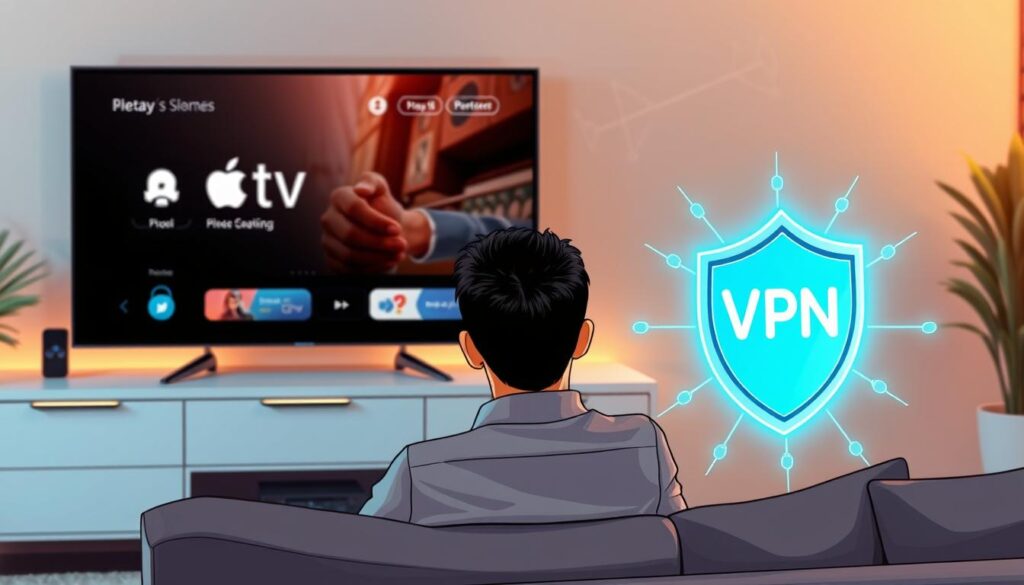 A modern living room setting featuring a sleek Apple TV prominently displayed on a stylish entertainment center. In the foreground, a person of Asian descent, dressed in smart casual attire, is sitting comfortably on a sofa, focused on the TV screen showing an IPTV interface. The middle layer includes a digital representation of a VPN shield graphic, symbolizing privacy protection, blending seamlessly with the IPTV visuals. The background is softly lit with warm, inviting tones, suggesting a cozy ambiance. Subtle reflections of network connections can be seen in the background, hinting at secure internet streaming. The composition conveys a sense of security and modern technology, emphasizing the importance of VPN in enhancing IPTV experiences.