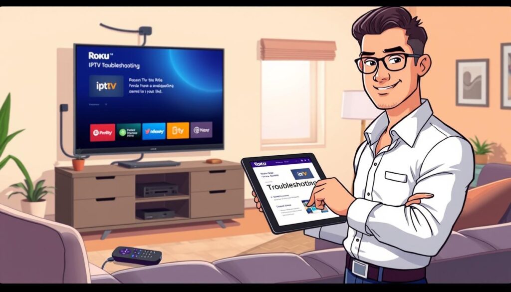A modern living room setting featuring a sleek Roku device connected to a high-definition television displaying an IPTV troubleshooting interface. In the foreground, a confident technician in smart casual attire is interacting with a tablet, showcasing a troubleshooting guide. The middle ground includes a cozy couch with streaming gadgets and a remote control, while a window in the background allows soft natural light to spill in, enhancing the inviting atmosphere. The room is warm and welcoming, with subtle accents of modern decor. The image should convey a sense of clarity, problem-solving, and comfort, inviting viewers to engage with the IPTV service. A modern living room setting featuring a sleek Roku device connected to a high-definition television displaying an IPTV troubleshooting interface. In the foreground, a confident technician in smart casual attire is interacting with a tablet, showcasing a troubleshooting guide. The middle ground includes a cozy couch with streaming gadgets and a remote control, while a window in the background allows soft natural light to spill in, enhancing the inviting atmosphere. The room is warm and welcoming, with subtle accents of modern decor. The image should convey a sense of clarity, problem-solving, and comfort, inviting viewers to engage with the IPTV service.