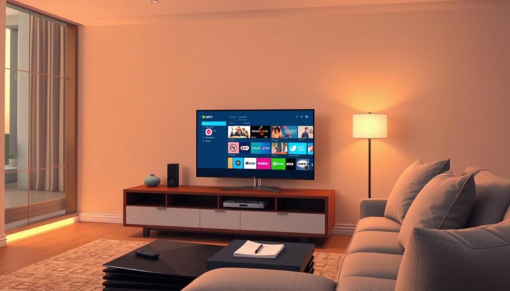 A modern living room setting featuring a sleek, high-tech Nvidia Shield TV prominently displayed on a stylish entertainment unit. In the foreground, an open IPTV Extreme application interface shows colorful playlists and channel options on the screen. The middle ground includes a comfortable couch with neutral-colored cushions, and a small coffee table with a remote control and a notepad for notes. The background highlights a wall with soft ambient lighting, enhancing a tech-savvy atmosphere. Warm light filters through a nearby window, creating a cozy and inviting environment. The overall mood conveys a sense of ease and excitement about setting up IPTV services, with attention to detail in the decor and technology aesthetics. A modern living room setting featuring a sleek, high-tech Nvidia Shield TV prominently displayed on a stylish entertainment unit. In the foreground, an open IPTV Extreme application interface shows colorful playlists and channel options on the screen. The middle ground includes a comfortable couch with neutral-colored cushions, and a small coffee table with a remote control and a notepad for notes. The background highlights a wall with soft ambient lighting, enhancing a tech-savvy atmosphere. Warm light filters through a nearby window, creating a cozy and inviting environment. The overall mood conveys a sense of ease and excitement about setting up IPTV services, with attention to detail in the decor and technology aesthetics.