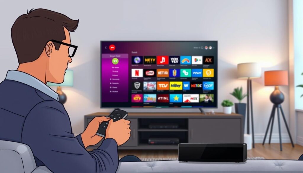 A modern living room setup featuring a sleek Nvidia Shield streaming device connected to a television screen displaying the Televizo IPTV interface. In the foreground, a focused individual, dressed in professional casual attire, is using a remote control to navigate the channel and EPG settings on the screen. The middle ground shows the vibrant, inviting television display filled with colorful channel logos and program listings, showcasing a user-friendly interface. The background features soft ambient lighting from stylish lamps, creating a warm atmosphere, with subtle hints of home decorations like plants or shelves. The angle is slightly elevated, capturing both the action and the details on the screen, emphasizing an engaging user experience in the home. A modern living room setup featuring a sleek Nvidia Shield streaming device connected to a television screen displaying the Televizo IPTV interface. In the foreground, a focused individual, dressed in professional casual attire, is using a remote control to navigate the channel and EPG settings on the screen. The middle ground shows the vibrant, inviting television display filled with colorful channel logos and program listings, showcasing a user-friendly interface. The background features soft ambient lighting from stylish lamps, creating a warm atmosphere, with subtle hints of home decorations like plants or shelves. The angle is slightly elevated, capturing both the action and the details on the screen, emphasizing an engaging user experience in the home.