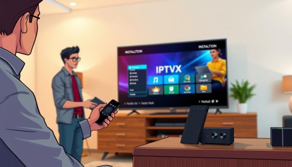A modern living room setup featuring a stylish, sleek Nvidia Shield streaming device prominently displayed on a wooden media console. In the foreground, a user, dressed in casual yet professional attire, is seen holding a remote, focused on the screen, which displays the IPTVX installation interface with vibrant colors and graphics. In the middle, a large flat-screen TV showcases the installation process of IPTVX, with clear, user-friendly icons. The background is softly blurred, hinting at a cozy environment with warm lighting from overhead fixtures, creating a relaxed atmosphere suitable for tech setup. The scene captures a moment of engagement and technology in a contemporary home setting.
