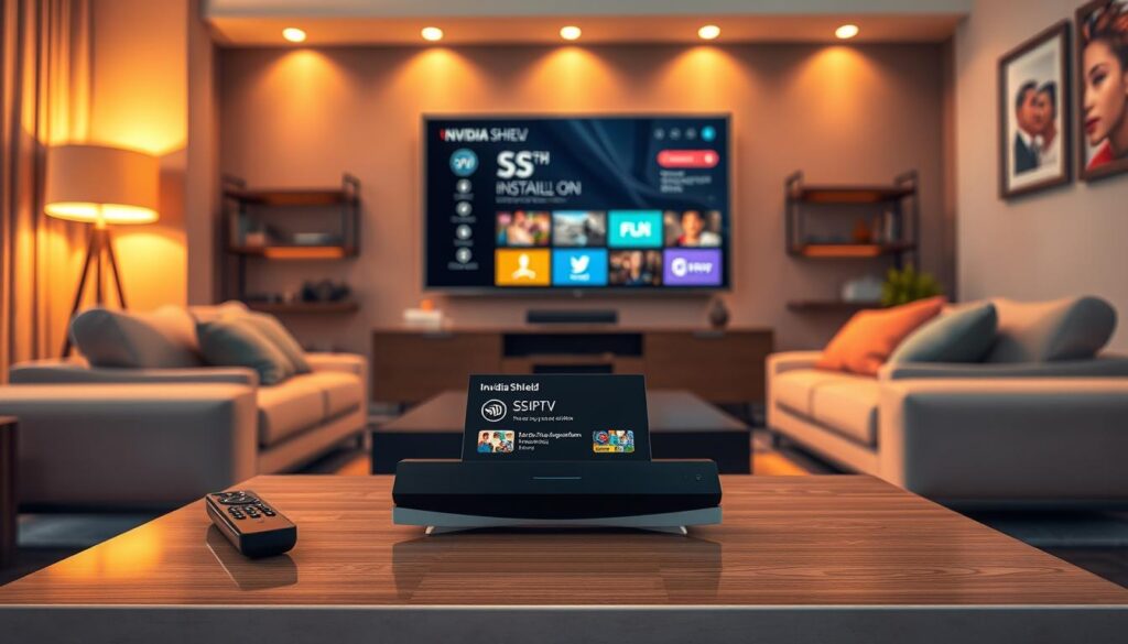 A modern living room setup focused on a sleek Nvidia Shield device displaying the installation screen for SS IPTV. In the foreground, the Nvidia Shield is prominently placed on a contemporary coffee table, with a remote control beside it. The middle ground features a comfortable sofa with vibrant cushions, giving the scene a cozy feel. The background should showcase a stylish entertainment unit with a large flat-screen TV mounting the interface of SS IPTV, illuminated with soft ambient lighting. Use warm, inviting colors to enhance the mood, while ensuring the scene conveys a sense of ease and accessibility in tech installation. The perspective should be slightly from above, capturing both the device and the inviting environment in one harmonious shot. A modern living room setup focused on a sleek Nvidia Shield device displaying the installation screen for SS IPTV. In the foreground, the Nvidia Shield is prominently placed on a contemporary coffee table, with a remote control beside it. The middle ground features a comfortable sofa with vibrant cushions, giving the scene a cozy feel. The background should showcase a stylish entertainment unit with a large flat-screen TV mounting the interface of SS IPTV, illuminated with soft ambient lighting. Use warm, inviting colors to enhance the mood, while ensuring the scene conveys a sense of ease and accessibility in tech installation. The perspective should be slightly from above, capturing both the device and the inviting environment in one harmonious shot.