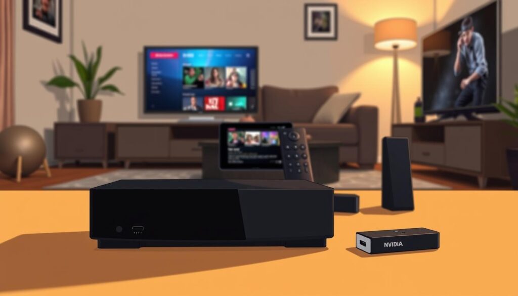 A modern living room setup showcasing various compatible streaming devices such as an Nvidia Shield TV, a streaming stick, and a smart TV. In the foreground, focus on the Nvidia Shield prominently displayed with its sleek design and ports visible. In the middle, include a remote control and a tablet showing a streaming app interface. The background features a stylish couch and a small entertainment unit with decorative items, creating a cozy atmosphere. Soft, warm lighting highlights the devices, casting gentle shadows. Capture the scene from a slight angle to emphasize depth. The mood is inviting and tech-savvy, suitable for viewers interested in device compatibility and requirements.