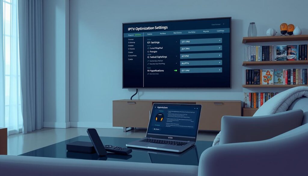 A modern, sleek living room scene featuring a high-tech Nvidia Shield streaming device connected to a large flat-screen TV displaying the IPTV optimization settings interface. In the foreground, a stylish coffee table holds a remote control and a laptop displaying additional settings and configurations for IPTV apps. The middle ground showcases a comfortable couch with a plush blanket, and ambient lighting softly illuminates the room, creating a cozy atmosphere. In the background, a bookshelf filled with tech and entertainment magazines complements the modern decor. The angle captures the essence of a home entertainment setup, inviting viewers to engage with the subject of IPTV applications optimization without distractions or overlays.