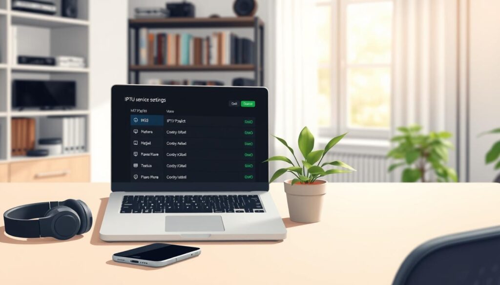 A modern, stylish workspace featuring a sleek laptop displaying the IPTV service settings interface with an M3U playlist prominently visible on the screen. In the foreground, a clean desk with minimalistic design includes a smartphone beside the laptop and a high-quality pair of headphones. The middle ground shows a potted plant for a touch of greenery, while an organized bookshelf filled with tech books and gadgets is in the background. Soft, natural lighting filters through a window, creating a warm, inviting atmosphere with a slight bokeh effect on the background elements. The overall mood is focused and professional, suitable for a technology-related topic. A modern, stylish workspace featuring a sleek laptop displaying the IPTV service settings interface with an M3U playlist prominently visible on the screen. In the foreground, a clean desk with minimalistic design includes a smartphone beside the laptop and a high-quality pair of headphones. The middle ground shows a potted plant for a touch of greenery, while an organized bookshelf filled with tech books and gadgets is in the background. Soft, natural lighting filters through a window, creating a warm, inviting atmosphere with a slight bokeh effect on the background elements. The overall mood is focused and professional, suitable for a technology-related topic.