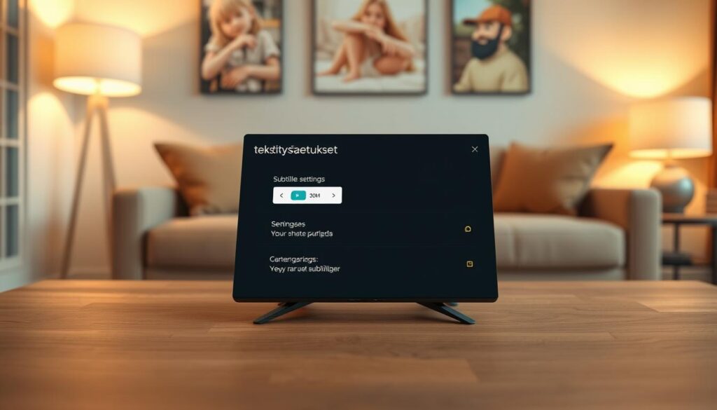 A modern user interface screenshot showcasing "OttPlayer tekstitysasetukset" on a sleek Nvidia Shield device. In the foreground, vivid graphics display settings for subtitles with vivid colors such as teal, white, and yellow, in a clean and minimalistic layout. The middle section features the Nvidia Shield device itself, with its signature black matte finish and modern design, elegantly placed on a stylish wooden table. The background comprises a softly blurred living room setting, creating an inviting atmosphere with warm lighting from a nearby lamp. The overall mood is warm and engaging, illustrating the user-friendly aspect of subtitle settings in OttPlayer. The perspective is a slightly elevated angle, capturing the interface in detail without any overlays or distractions. A modern user interface screenshot showcasing "OttPlayer tekstitysasetukset" on a sleek Nvidia Shield device. In the foreground, vivid graphics display settings for subtitles with vivid colors such as teal, white, and yellow, in a clean and minimalistic layout. The middle section features the Nvidia Shield device itself, with its signature black matte finish and modern design, elegantly placed on a stylish wooden table. The background comprises a softly blurred living room setting, creating an inviting atmosphere with warm lighting from a nearby lamp. The overall mood is warm and engaging, illustrating the user-friendly aspect of subtitle settings in OttPlayer. The perspective is a slightly elevated angle, capturing the interface in detail without any overlays or distractions.