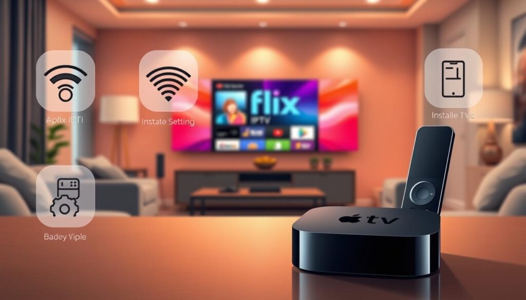 A sleek Apple TV device prominently displayed in the foreground, showing its minimalist design and polished surface. Surrounding it are images of the Flix IPTV logo and simplified installation steps, visually represented through icons like a Wi-Fi symbol, a gear for settings, and a remote control. In the middle ground, a cozy living room setting with a comfortable sofa and soft lighting creates a welcoming atmosphere. The background features a large television screen displaying the Flix IPTV interface, with vibrant colors and clear graphics that draw the eye. The overall mood is modern and tech-savvy, evoking an easy and enjoyable streaming experience. The composition should have a balanced focus and warm lighting to enhance the inviting ambiance. A sleek Apple TV device prominently displayed in the foreground, showing its minimalist design and polished surface. Surrounding it are images of the Flix IPTV logo and simplified installation steps, visually represented through icons like a Wi-Fi symbol, a gear for settings, and a remote control. In the middle ground, a cozy living room setting with a comfortable sofa and soft lighting creates a welcoming atmosphere. The background features a large television screen displaying the Flix IPTV interface, with vibrant colors and clear graphics that draw the eye. The overall mood is modern and tech-savvy, evoking an easy and enjoyable streaming experience. The composition should have a balanced focus and warm lighting to enhance the inviting ambiance.