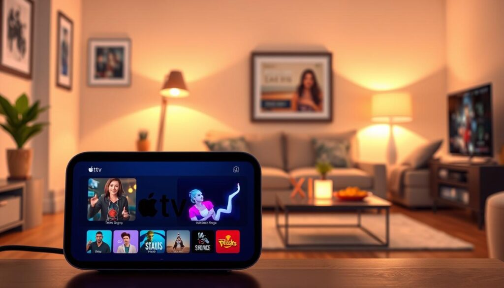 A sleek Apple TV displayed prominently in the foreground, showcasing an interactive electronic program guide (EPG) interface. The screen glows with vibrant, colorful thumbnails of IPTV content, highlighting various shows and movies with smooth animated transitions. In the middle ground, a cozy living room setting includes a modern couch, soft lighting from stylish lamps, and a coffee table with snacks, enhancing the inviting atmosphere. The background features subtle hints of decor and entertainment tech, maintaining a focus on the Apple TV. The overall mood is warm and engaging, emphasizing home entertainment. Soft, natural lighting simulates an evening ambiance, casting gentle shadows and reflections that create a sense of comfort and relaxation. A sleek Apple TV displayed prominently in the foreground, showcasing an interactive electronic program guide (EPG) interface. The screen glows with vibrant, colorful thumbnails of IPTV content, highlighting various shows and movies with smooth animated transitions. In the middle ground, a cozy living room setting includes a modern couch, soft lighting from stylish lamps, and a coffee table with snacks, enhancing the inviting atmosphere. The background features subtle hints of decor and entertainment tech, maintaining a focus on the Apple TV. The overall mood is warm and engaging, emphasizing home entertainment. Soft, natural lighting simulates an evening ambiance, casting gentle shadows and reflections that create a sense of comfort and relaxation.