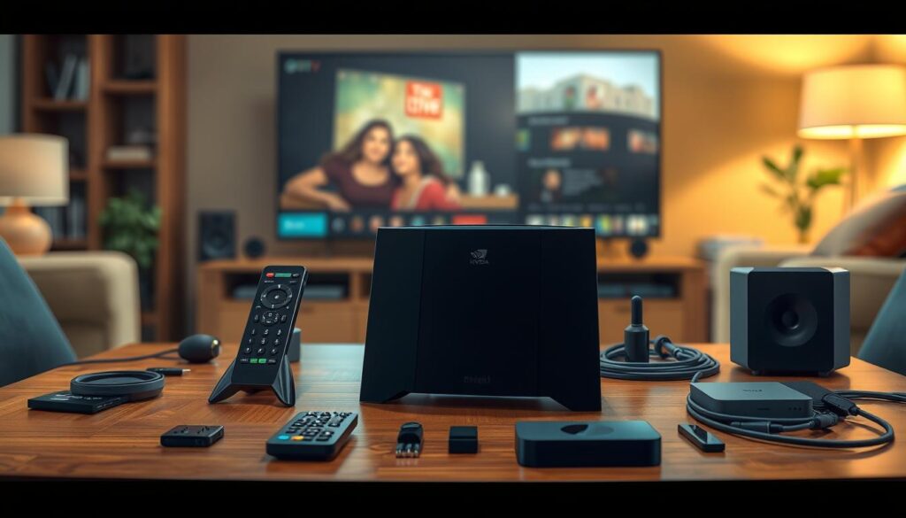 A sleek Nvidia Shield console prominently displayed on a polished wooden table, surrounded by an organized setup of various tech gadgets and accessories, such as a remote control, HDMI cables, and a compact sound system. The room is warmly lit, creating a cozy atmosphere with soft ambient light reflecting off the surfaces. In the background, a large flat-screen TV is partially visible, suggesting a modern home entertainment system. The scene exudes a sense of preparation and eagerness for setting up SS IPTV. Utilize a shallow depth of field to focus sharply on the console and surrounding items, with gently blurred furnishings in the background, enhancing the focus on the meticulous organization of the tech setup. A sleek Nvidia Shield console prominently displayed on a polished wooden table, surrounded by an organized setup of various tech gadgets and accessories, such as a remote control, HDMI cables, and a compact sound system. The room is warmly lit, creating a cozy atmosphere with soft ambient light reflecting off the surfaces. In the background, a large flat-screen TV is partially visible, suggesting a modern home entertainment system. The scene exudes a sense of preparation and eagerness for setting up SS IPTV. Utilize a shallow depth of field to focus sharply on the console and surrounding items, with gently blurred furnishings in the background, enhancing the focus on the meticulous organization of the tech setup.