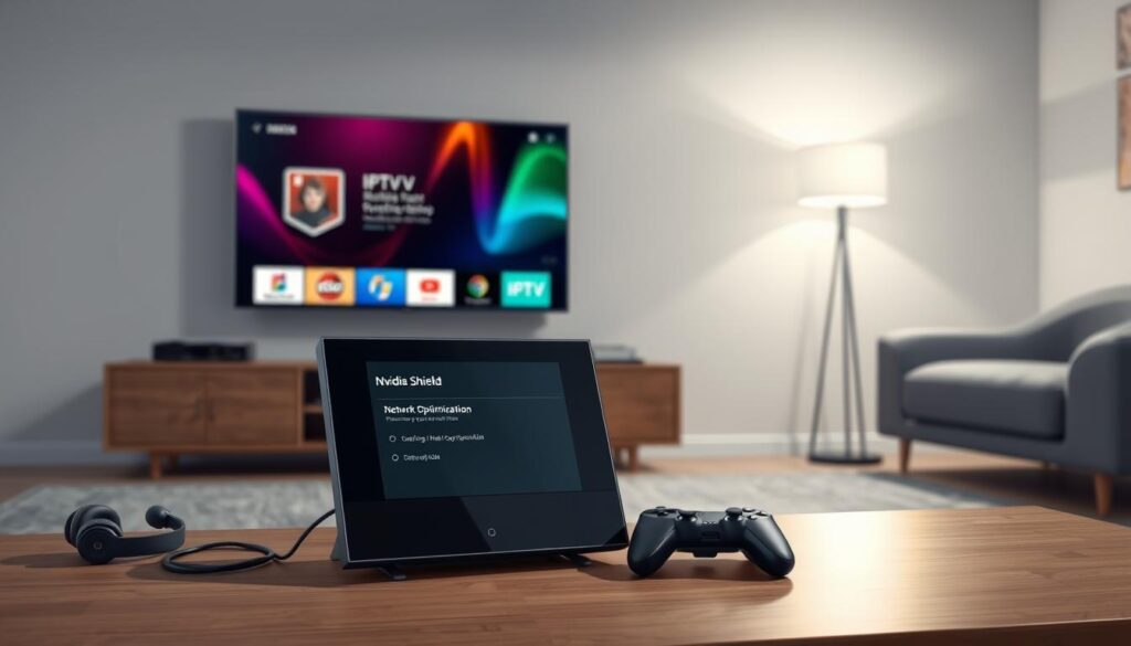 A sleek Nvidia Shield device set up in a modern living room, displaying the network optimization interface on its screen. The foreground features the Nvidia Shield prominently positioned on a stylish media console, with a pair of wireless headphones and a game controller nearby, suggesting an interactive experience. The middle area shows a wall-mounted television with vibrant colors reflecting the IPTV content. The background includes soft lighting from a floor lamp, creating a cozy atmosphere with minimalistic decor. Capture the scene from a slightly elevated angle, focusing on the device and screen while ensuring a clean, uncluttered environment. The mood is inviting and tech-savvy, emphasizing readiness and optimization for streaming.