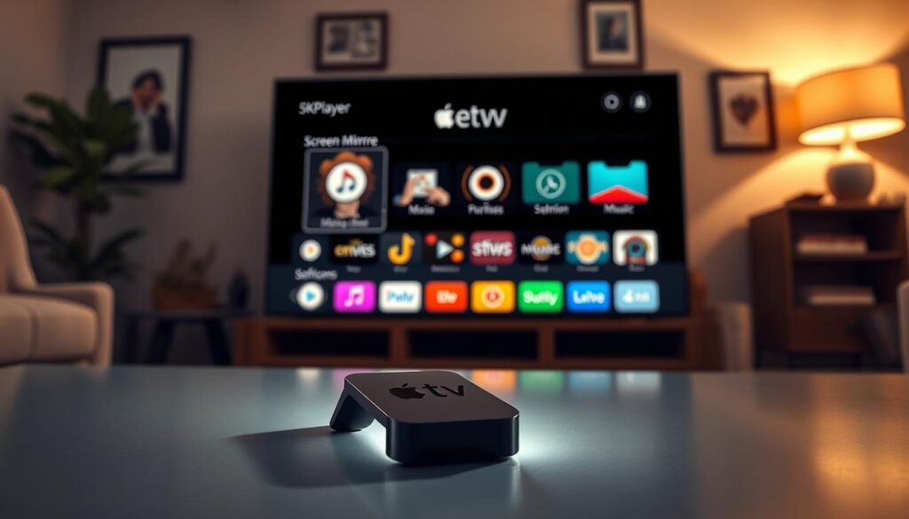 A sleek and modern 5KPlayer user interface displayed on an Apple TV screen, set in a cozy, contemporary living room. In the foreground, focus on the Apple TV remote control resting on a stylish coffee table, with a soft light reflecting off its surface. In the middle, the large TV screen shows the 5KPlayer interface with vibrant, colorful icons representing different media types, such as movies, music, and screen mirroring options. The background features a comfortable sofa and decorative elements, enhancing the home environment. Soft, warm lighting creates an inviting atmosphere, accentuating the elegance of the setup. Angle the scene slightly from above to capture the interface and the cozy ambiance effectively.