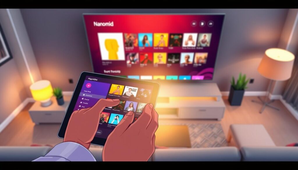 A sleek and modern digital interface showcasing the "Nanomid Player" application specifically designed for managing playlists on the Nvidia Shield. In the foreground, a close-up of a user’s hands interacting with a tablet, featuring vibrant menu options and visually appealing album art. The middle layer includes a subtle glow emanating from the screen, enhancing the focus on the interface. The background shows a stylish living room setting with a large screen displaying the Nvidia Shield interface, creating a tech-savvy atmosphere. Soft ambient lighting highlights the scene, providing a warm and inviting feel. The composition should be captured from an overhead angle to emphasize the interaction and the user-friendly design of the application. The overall mood is engaging and modern, reflecting the ease of use and control the application offers.