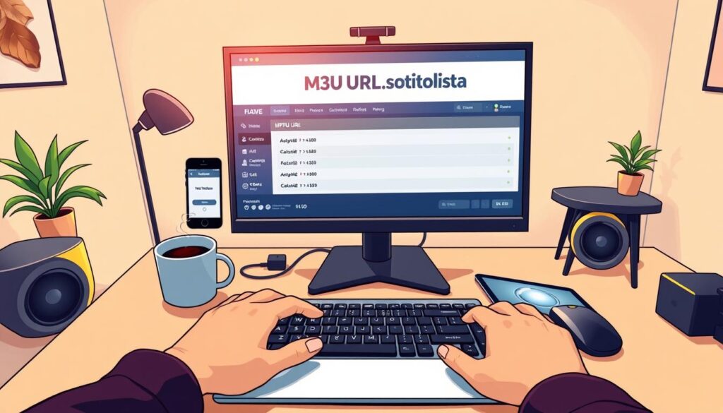 A sleek and modern digital workspace heavily featuring a large computer monitor displaying an "M3U URL soittolista" interface. In the foreground, a pair of hands are poised over a sleek keyboard, typing in commands, with a cup of coffee nearby. The middle ground shows an array of tech gadgets including a smartphone and a tablet, both also displaying similar IPTV content. The background is a softly lit room with minimalist décor and a hint of greenery from a small indoor plant on a nearby shelf, creating a cozy yet high-tech atmosphere. The lighting is warm and inviting, adding a touch of productivity, while the angle captures the workspace from a slight overhead view, emphasizing the organized setting and digital tools. The mood is focused and engaging, inspiring the viewer's interest in the topic.