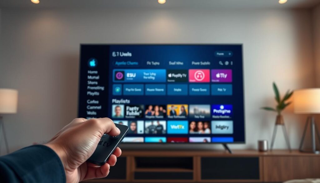 A sleek digital interface displaying M3U URLs and EPG management options on a modern Apple TV. In the foreground, a high-quality close-up of a user’s hands interacting with a remote control, navigating the app with ease. The middle ground features a vibrant screen with organized playlists and channel links, showcasing an intuitive layout that reflects efficiency and simplicity. The background showcases a cozy living room environment with soft ambient lighting, enhancing the focus on the Apple TV interface. The mood is professional yet inviting, conveying a sense of satisfaction and ease in managing media links and playlists. The image is captured from a slightly elevated angle, emphasizing the screen while illustrating the user experience.