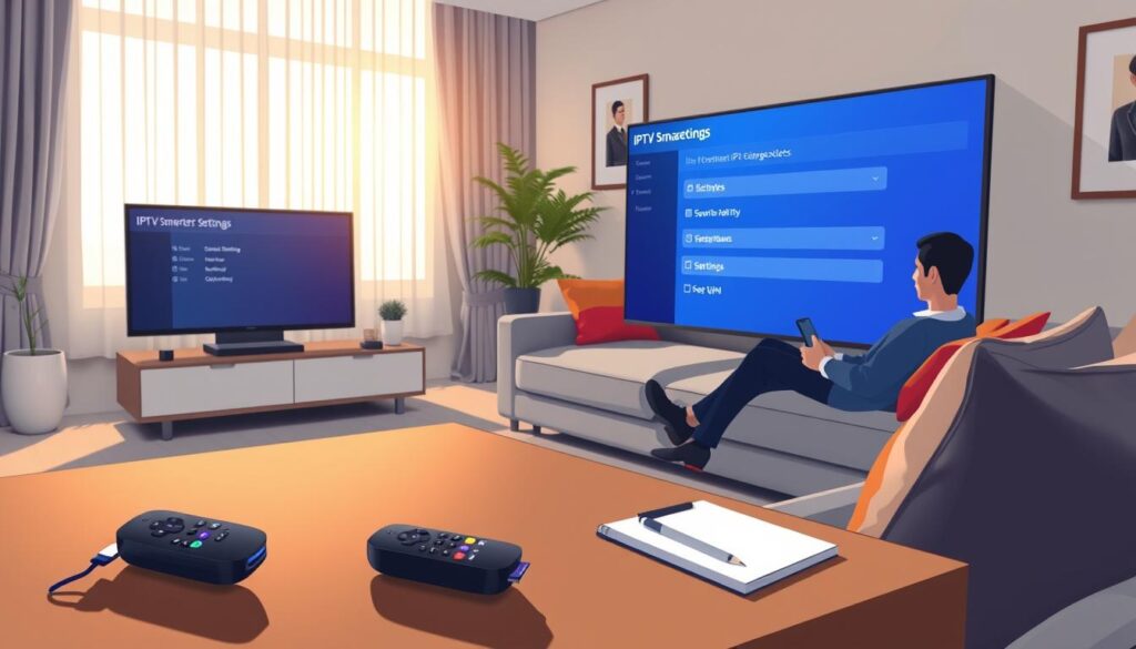 A sleek living room scene showcasing a Roku device connected to a modern TV displaying the IPTV Smarters settings interface. In the foreground, a stylish coffee table with a remote control and a notepad with a pen lies casually placed. The middle ground features a cozy sofa, adorned with colorful cushions, where a person in professional attire is seated and engaged with the remote, analyzing the IPTV settings. A soft, warm light filters in through a nearby window, casting a gentle glow across the room, creating a relaxed atmosphere. The background includes minimalistic decor, with a potted plant and tasteful wall art, emphasizing a contemporary and inviting home environment. The perspective is slightly angled from above, giving an overview of the scene while maintaining focus on the IPTV settings. A sleek living room scene showcasing a Roku device connected to a modern TV displaying the IPTV Smarters settings interface. In the foreground, a stylish coffee table with a remote control and a notepad with a pen lies casually placed. The middle ground features a cozy sofa, adorned with colorful cushions, where a person in professional attire is seated and engaged with the remote, analyzing the IPTV settings. A soft, warm light filters in through a nearby window, casting a gentle glow across the room, creating a relaxed atmosphere. The background includes minimalistic decor, with a potted plant and tasteful wall art, emphasizing a contemporary and inviting home environment. The perspective is slightly angled from above, giving an overview of the scene while maintaining focus on the IPTV settings.