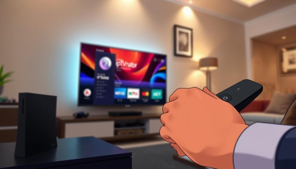 A sleek living room setting featuring an NVIDIA Shield streaming device prominently connected to a modern television. In the foreground, a close-up of a user’s hands, elegantly tapping the remote control as they navigate the iptvnator installation process. The middle area showcases an on-screen display of the iptvnator interface with vivid colors and icons that represent streaming options. The background is a well-decorated wall with soft ambient lighting that gives a cozy, tech-savvy atmosphere. The scene is captured with a slight low angle to emphasize the user’s interaction with the device, creating an engaging, informative mood that reflects a tech-centric lifestyle. A sleek living room setting featuring an NVIDIA Shield streaming device prominently connected to a modern television. In the foreground, a close-up of a user’s hands, elegantly tapping the remote control as they navigate the iptvnator installation process. The middle area showcases an on-screen display of the iptvnator interface with vivid colors and icons that represent streaming options. The background is a well-decorated wall with soft ambient lighting that gives a cozy, tech-savvy atmosphere. The scene is captured with a slight low angle to emphasize the user’s interaction with the device, creating an engaging, informative mood that reflects a tech-centric lifestyle.