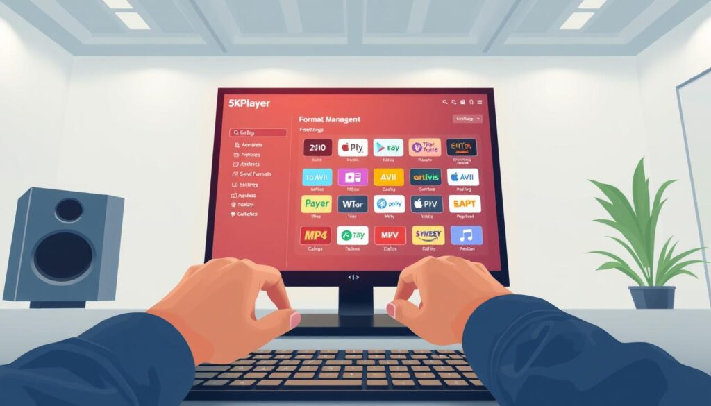 A sleek, modern digital workstation featuring a computer screen displaying the 5KPlayer interface with a focus on format management. In the foreground, include a pair of professional hands adjusting settings on a keyboard. The middle ground should reveal the computer monitor brightly lit, showcasing a vivid, user-friendly design filled with media format options like MP4, AVI, and MKV icons. The background could be a minimalistic office environment, with soft, ambient lighting that creates a calm and productive atmosphere. Use a slightly elevated angle to capture the scene, emphasizing the tech-savvy nature of the workspace. The overall mood should reflect an innovative and efficient approach to managing media formats, embodying a professional yet approachable feel.