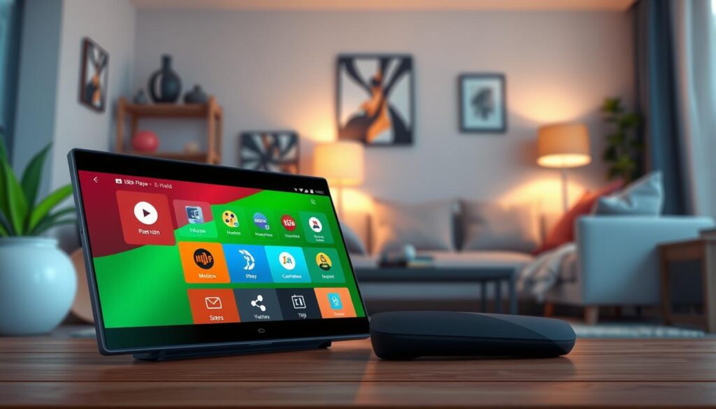 A sleek, modern interface of the IBO Player application displayed on a high-resolution screen, showcasing vibrant colors and intuitive navigation. In the foreground, the screen features various app icons and a user-friendly layout with clear options for media playback. The middle ground highlights a stylish NVIDIA Shield device, sleek and minimalist, blending seamlessly with contemporary home decor. In the background, a cozy living room setting with soft lighting creates a warm atmosphere, while the overall scene conveys a sense of high-tech sophistication. The image is illuminated with gentle ambient lighting, enhancing the device's sleek appearance, viewed at a slight angle to emphasize the user interface's features. The mood is inviting and modern, perfect for illustrating technology in everyday settings.