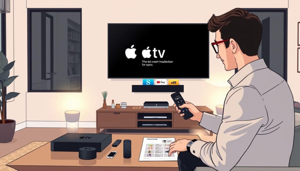 A sleek, modern living room featuring a large Apple TV mounted on the wall. In the foreground, a professional-looking individual in smart casual attire intently follows the steps for installing ibo pro on the TV using a remote control. On a stylish coffee table, a well-organized array of tech gadgets and a user-friendly installation guide are visible. The middle ground showcases a soft, ambient light emanating from lamps, creating a cozy atmosphere. In the background, tasteful decor, including a plant and a minimalist bookshelf, enhances the inviting space. The scene should convey a sense of focus and clarity, with a warm color palette and a slight blur on the background to emphasize the installation process.