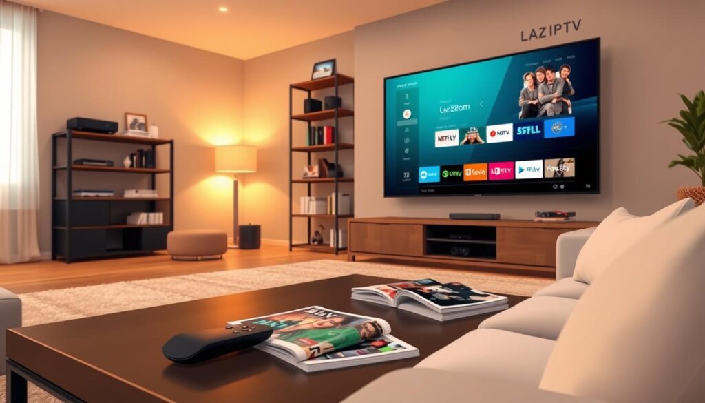 A sleek, modern living room featuring a large TV screen displaying the Lazy IPTV interface on an Nvidia Shield. In the foreground, a stylish coffee table with a remote control and a few modern magazines. In the middle, a cozy sofa with plush cushions, inviting relaxation. The background showcases a contemporary bookshelf filled with tech gadgets and decorative items. Soft, ambient lighting casts a warm glow, creating a welcoming atmosphere. The angle captures the room from a slight bird’s eye view, emphasizing both the technology and the comfort of the space. The mood is casual yet sophisticated, perfect for illustrating the integration of technology into everyday life. A sleek, modern living room featuring a large TV screen displaying the Lazy IPTV interface on an Nvidia Shield. In the foreground, a stylish coffee table with a remote control and a few modern magazines. In the middle, a cozy sofa with plush cushions, inviting relaxation. The background showcases a contemporary bookshelf filled with tech gadgets and decorative items. Soft, ambient lighting casts a warm glow, creating a welcoming atmosphere. The angle captures the room from a slight bird’s eye view, emphasizing both the technology and the comfort of the space. The mood is casual yet sophisticated, perfect for illustrating the integration of technology into everyday life.