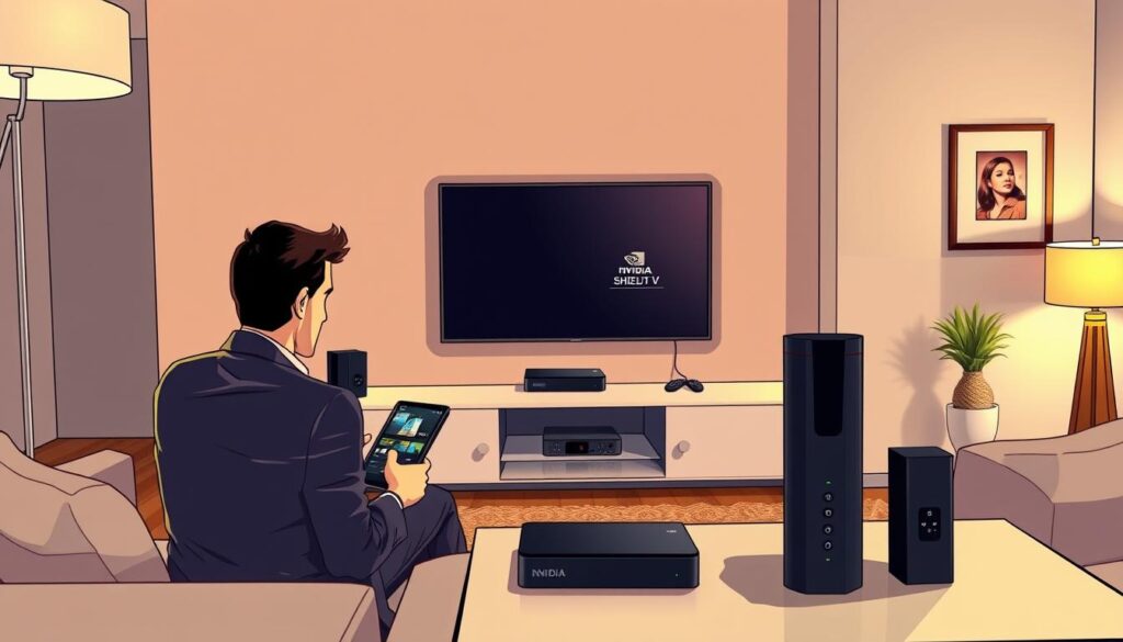 A sleek, modern living room featuring a prominently displayed NVIDIA Shield TV connected to a large flat-screen TV. In the foreground, an attentive person in professional business attire sits on a comfortable couch, focused on a tablet displaying an IPTV installation interface. The ambiance is warm and inviting, with soft lighting cascading from elegant lamps. In the middle, the NVIDIA Shield sits stylishly on a minimalist entertainment unit, alongside a remote control and a few neatly organized streaming device accessories. The background reveals a tastefully decorated wall with framed art, enhancing the contemporary feel. Capture this scene from a slightly elevated angle, showcasing both the person’s concentration and the technology involved in installing IPTV applications. The overall mood is engaging and tech-savvy, reflecting the excitement of modern home entertainment. A sleek, modern living room featuring a prominently displayed NVIDIA Shield TV connected to a large flat-screen TV. In the foreground, an attentive person in professional business attire sits on a comfortable couch, focused on a tablet displaying an IPTV installation interface. The ambiance is warm and inviting, with soft lighting cascading from elegant lamps. In the middle, the NVIDIA Shield sits stylishly on a minimalist entertainment unit, alongside a remote control and a few neatly organized streaming device accessories. The background reveals a tastefully decorated wall with framed art, enhancing the contemporary feel. Capture this scene from a slightly elevated angle, showcasing both the person’s concentration and the technology involved in installing IPTV applications. The overall mood is engaging and tech-savvy, reflecting the excitement of modern home entertainment.
