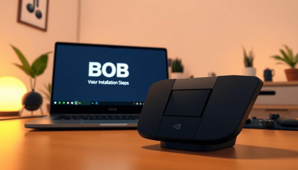 A sleek, modern workspace featuring a high-end NVIDIA Shield and a laptop displaying the BOB player logo on its screen. In the foreground, the NVIDIA Shield is prominently positioned, showcasing its distinctive design, while in the middle ground, the laptop screen glows with installation steps, providing a tech-savvy feel. The background includes a softly lit room with minimalistic decor, emphasizing a clean and focused atmosphere. Warm lighting creates a welcoming ambiance, highlighting the devices' sleek contours. Capture this scene with a close-up angle to emphasize the installation process, fostering a sense of engagement and clarity. The overall mood is innovative and inspiring, ideal for tech enthusiasts.