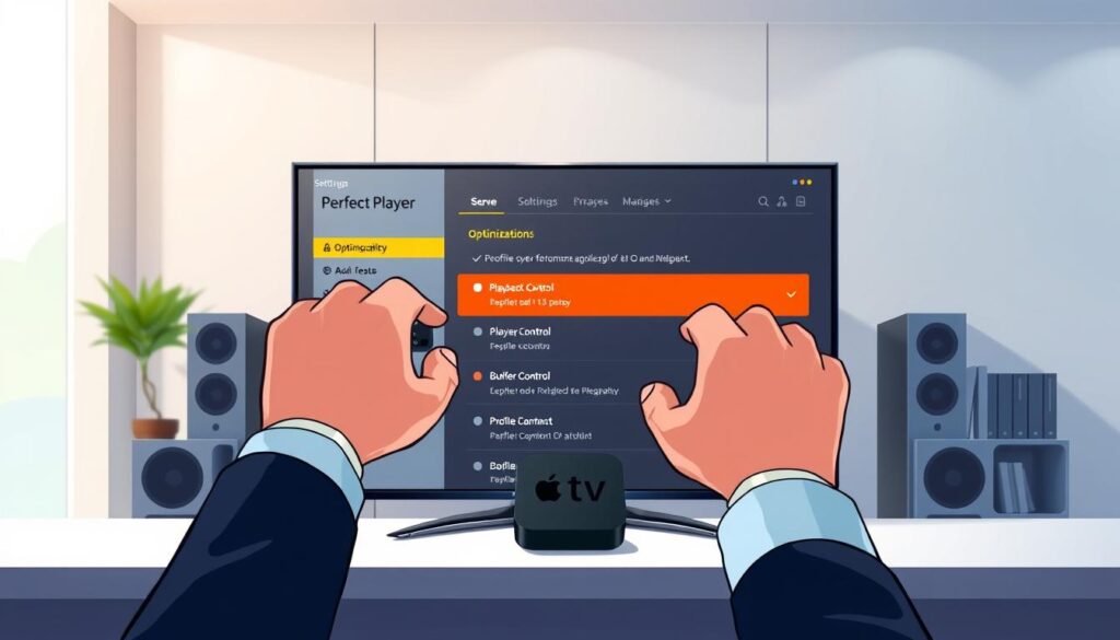 A sleek, modern workspace featuring a high-resolution Apple TV display showing the Perfect Player app interface. In the foreground, a pair of hands, dressed in professional attire, adeptly navigating the app's settings with a remote control. In the middle, the TV screen clearly illustrates various optimization settings such as playback quality, buffer control, and profile management, highlighted with vibrant color contrasts. The background showcases a minimalistic room with soft, ambient lighting that creates a productive and focused atmosphere. The scene conveys a sense of technological sophistication and user-friendliness, inviting viewers to explore digital performance enhancement.