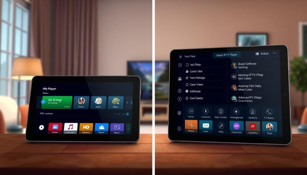 A split-screen composition showcasing a detailed comparison between the GSE Smart IPTV Player and its PRO versions. On the left, the GSE Smart IPTV Player interface, with a sleek and modern design, displaying a user-friendly menu on a digital screen. On the right, the PRO version interface, featuring advanced options and additional features prominently displayed. The foreground includes two tablets side by side for direct comparison. The middle ground features subtle icons representing streaming content and functionalities, creating an engaging visual narrative. The background is soft-focused, suggesting a cozy living room environment with dim, warm lighting, evoking a comfortable home-viewing atmosphere. The overall mood is informative and professional, ideal for a tech-savvy audience, captured from a slightly elevated angle to emphasize the detail in the interfaces.