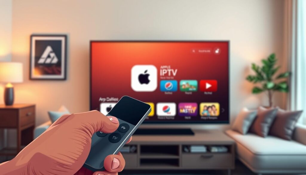 A vibrant and detailed depiction of an Apple TV screen showcasing the SS IPTV app selection interface on the App Store. In the foreground, focus on the sleek Apple TV remote in a casual hand, highlighting its touch surface. The middle ground captures the Apple TV screen displaying a user-friendly interface with colorful app icons, prominently featuring the SS IPTV logo. Surrounding the screen, include subtle reflections of a modern living room environment with soft, warm lighting adding a cozy atmosphere. In the background, a stylish, soft-focus couch complements the scene, suggesting a homely setting. The image should convey a sense of ease and inviting usability, emphasizing the process of navigating and installing IPTV applications. A vibrant and detailed depiction of an Apple TV screen showcasing the SS IPTV app selection interface on the App Store. In the foreground, focus on the sleek Apple TV remote in a casual hand, highlighting its touch surface. The middle ground captures the Apple TV screen displaying a user-friendly interface with colorful app icons, prominently featuring the SS IPTV logo. Surrounding the screen, include subtle reflections of a modern living room environment with soft, warm lighting adding a cozy atmosphere. In the background, a stylish, soft-focus couch complements the scene, suggesting a homely setting. The image should convey a sense of ease and inviting usability, emphasizing the process of navigating and installing IPTV applications.