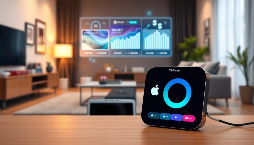 A visually engaging scene showcasing the latest updates and performance enhancements of OttPlayer. In the foreground, depict a sleek Apple TV device displaying a vibrant user interface with flowing animations, showcasing app updates and system performance metrics. The middle layer features a stylish living room setup with modern furniture, soft lighting to create a cozy atmosphere, and an abstract digital overlay of performance graphs and icons symbolizing speed and efficiency. In the background, softly blurred, hint at a warm, inviting home environment with subtle details like framed pictures and plants. Employ a soft-focus lens effect and warm lighting to evoke a sense of innovation and comfort, suggesting an advanced yet user-friendly technology experience.