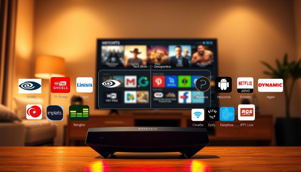 A visually striking comparison of the Nvidia Shield and IPTV applications, featuring a well-organized layout. In the foreground, showcase a sleek Nvidia Shield device with illuminated LED lights, surrounded by logos of popular IPTV apps in a vibrant color scheme. In the middle, display a side-by-side comparison, highlighting key features of each application with engaging graphics and subtle animations. In the background, create a soft-focus home entertainment setting with a large television screen displaying dynamic streaming content. The lighting should be warm and inviting, reminiscent of a cozy living room atmosphere. Use a slight tilt angle to enhance depth and create a modern tech vibe, emphasizing innovation and convenience in home entertainment. A visually striking comparison of the Nvidia Shield and IPTV applications, featuring a well-organized layout. In the foreground, showcase a sleek Nvidia Shield device with illuminated LED lights, surrounded by logos of popular IPTV apps in a vibrant color scheme. In the middle, display a side-by-side comparison, highlighting key features of each application with engaging graphics and subtle animations. In the background, create a soft-focus home entertainment setting with a large television screen displaying dynamic streaming content. The lighting should be warm and inviting, reminiscent of a cozy living room atmosphere. Use a slight tilt angle to enhance depth and create a modern tech vibe, emphasizing innovation and convenience in home entertainment.
