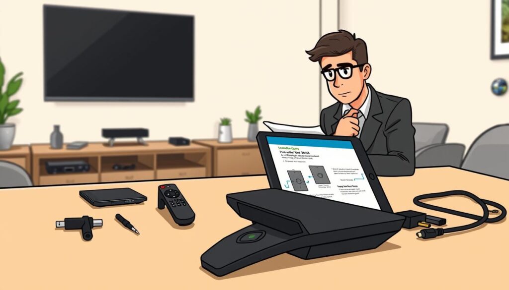A well-organized workspace with a focus on preparing for the installation of an Nvidia Shield. In the foreground, a sleek, modern table displaying an Nvidia Shield console, remote, and a digital tablet with installation instructions open. Various tools like a screwdriver, HDMI cable, and power adapter are neatly arranged nearby. In the middle ground, a person dressed in professional attire is examining the setup with a thoughtful expression, ensuring all components are ready. The background features a tidy living room with a flat-screen TV mounted on the wall, soft ambient lighting creating a warm and inviting mood. A slight depth of field effect draws attention to the Nvidia Shield setup, capturing a sense of anticipation and readiness for the installation process.