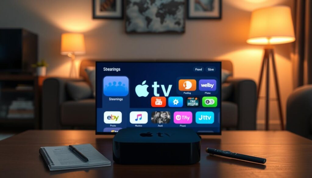 An Apple TV displayed prominently in the foreground, showcasing the IPTV Smarters interface with vibrant, clear icons for various streaming options. The background features a cozy living room setting with dim, warm lighting to evoke a relaxed atmosphere, highlighting a comfortable couch and a softly glowing lamp. A remote control is resting on a coffee table, hinting at the interactive use of the device. Subtle hints of troubleshooting elements, like a notepad and pen or an Apple support guide partially visible, are placed in the middle ground to suggest the context of problem-solving and diagnostics. The image should capture a professional yet approachable mood, focusing on technology and home entertainment.