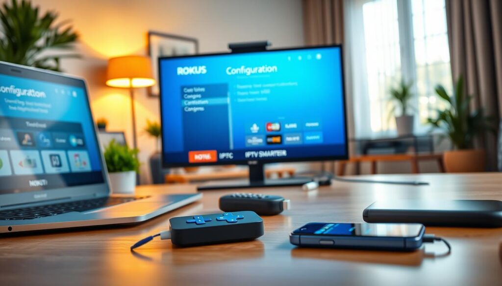 An elegantly arranged desk workspace focusing on a Roku streaming device, showing the IPTV Smarters app configuration process on a vibrant television screen. The scene features a modern aesthetic with a soft-focus background of domestic décor, including plants and minimalistic furniture. The foreground captures a laptop displaying configuration steps with clear UI elements, while a smartphone lies next to it, indicating the app's mobile interface. Warm, natural lighting fills the space, adding a cozy atmosphere. The angle is slightly tilted to give a dynamic view of the setup, emphasizing both technology and user interaction. All devices and screens should reflect clarity and professionalism, with no text or logos visible. An elegantly arranged desk workspace focusing on a Roku streaming device, showing the IPTV Smarters app configuration process on a vibrant television screen. The scene features a modern aesthetic with a soft-focus background of domestic décor, including plants and minimalistic furniture. The foreground captures a laptop displaying configuration steps with clear UI elements, while a smartphone lies next to it, indicating the app's mobile interface. Warm, natural lighting fills the space, adding a cozy atmosphere. The angle is slightly tilted to give a dynamic view of the setup, emphasizing both technology and user interaction. All devices and screens should reflect clarity and professionalism, with no text or logos visible.