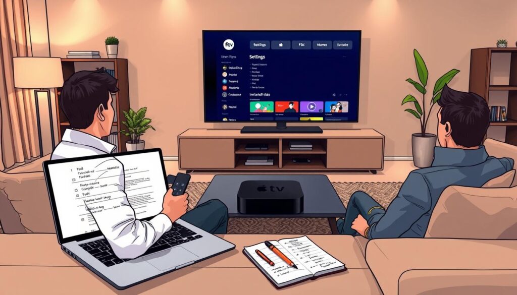 An informative scene depicting a modern, sleek living room with a large Apple TV displaying the Flix IPTV interface on screen. In the foreground, a person in smart casual attire is seated on a comfortable couch, using a remote control to navigate settings. The middle section features a stylish coffee table with a laptop showcasing the Flix IPTV installation guide beside a notebook with handwritten notes. In the background, soft ambient lighting creates a warm atmosphere, with a decorative bookshelf and plants. The camera angle provides a perspective that highlights both the Apple TV screen and the engaged user, conveying a sense of tech-savvy comfort and ease. The overall mood is relaxed yet focused, illustrating the theme of settings and features for a seamless streaming experience. An informative scene depicting a modern, sleek living room with a large Apple TV displaying the Flix IPTV interface on screen. In the foreground, a person in smart casual attire is seated on a comfortable couch, using a remote control to navigate settings. The middle section features a stylish coffee table with a laptop showcasing the Flix IPTV installation guide beside a notebook with handwritten notes. In the background, soft ambient lighting creates a warm atmosphere, with a decorative bookshelf and plants. The camera angle provides a perspective that highlights both the Apple TV screen and the engaged user, conveying a sense of tech-savvy comfort and ease. The overall mood is relaxed yet focused, illustrating the theme of settings and features for a seamless streaming experience.