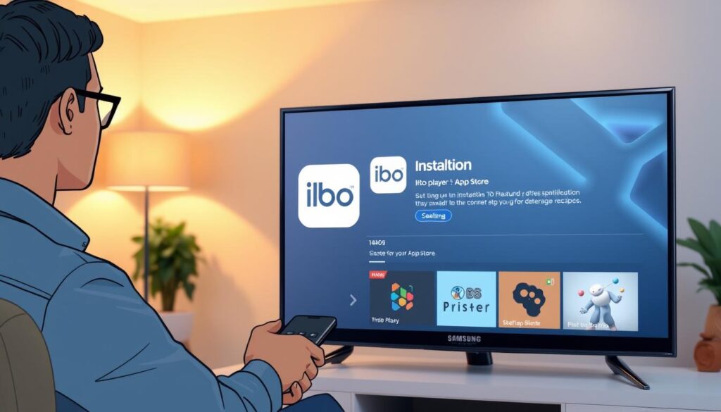 A Samsung Smart TV prominently displayed in a modern living room setting, showcasing the installation screen of the ibo player app in the Samsung App Store interface. In the foreground, a user, dressed in smart casual attire, is interacting with the TV remote, focused and engaged. The middle layer features the brightly lit TV screen displaying the ibo player logo and detailed installation instructions. The background is softly blurred, suggesting a cozy, well-decorated living room with warm lighting, enhancing a comfortable atmosphere. The mood is informative and inviting, perfect for those looking to set up their ibo player. The image is captured from a slightly elevated angle, providing a clear view of both the TV and the user engaged in the setup process.