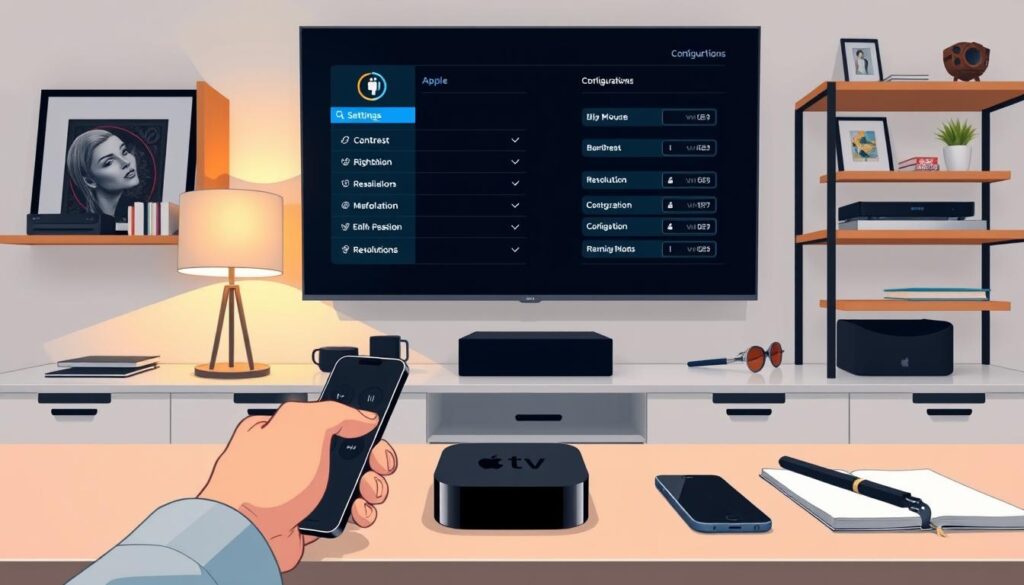A clean and modern workspace featuring a sleek Apple TV connected to a large flat-screen television displaying configuration menus for video settings and resolution adjustments. In the foreground, a person's hands navigate through the interface using a remote control, showcasing detailed settings such as brightness, contrast, and resolution options. The middle ground includes the Apple TV device and stylish accessories like a minimalist lamp and a notebook. In the background, sophisticated shelving holds entertainment devices and collectibles. Soft, warm lighting enhances the inviting atmosphere, while the composition suggests a focus on user-friendly technology in a professional yet casual setting. The overall mood is one of efficiency and clarity, ideal for optimizing entertainment experiences.