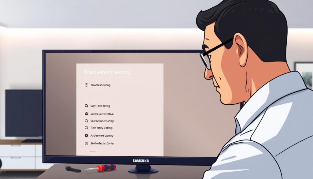 A close-up of a Samsung Smart TV displaying a troubleshooting menu, with a technician in professional attire examining the screen. The technician, a middle-aged person with short black hair, looks focused and thoughtful. In the background, a modern living room with soft ambient lighting creates a calm atmosphere. On a nearby table, a few tools like a screwdriver and a multi-meter are visible, suggesting a technical setup. The walls are adorned with sleek, minimalist decor, adding to the contemporary feel of the scene. The angle is slightly elevated, providing a clear view of both the TV and the technician's engaged expression, emphasizing the theme of installation issues and troubleshooting in a friendly, professional context.