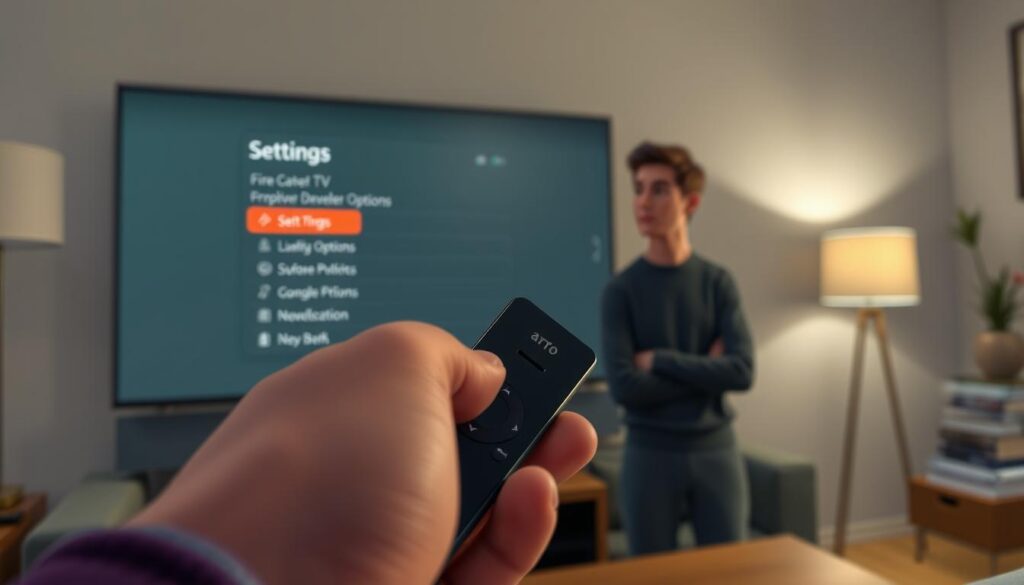 A close-up of a modern Amazon Fire TV Stick held in a person's hand, with the TV screen in the background displaying the "Settings" menu and "Developer Options" highlighted. The foreground features the remote control with visible buttons and a sleek design. Ambient lighting creates a warm and inviting atmosphere in the living room setting, with a soft-focus effect on the surrounding furniture. A comfortable couch and a subtle bookshelf stack can be seen in the middle ground. The person, dressed in a smart casual outfit, looks thoughtfully at the screen, emphasizing an engaged and informative mood. The overall composition captures the essence of home entertainment and tech-savvy exploration.