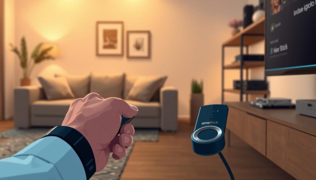 A close-up of a sleek Amazon Fire Stick plugged into a modern TV, with a visible user interface displaying troubleshooting options. In the foreground, a hand wearing a smart watch is reaching towards the TV remote, poised to make a selection. The middle ground features an illuminated living room, with soft warm lighting highlighting a stylish sofa and decorative elements. In the background, a faint silhouette of a neatly organized shelf with tech gadgets. The mood is calm yet focused, reflecting a problem-solving atmosphere. The composition is shot from a slightly low angle to emphasize the device, with a shallow depth of field to highlight the Fire Stick while softly blurring the background elements.