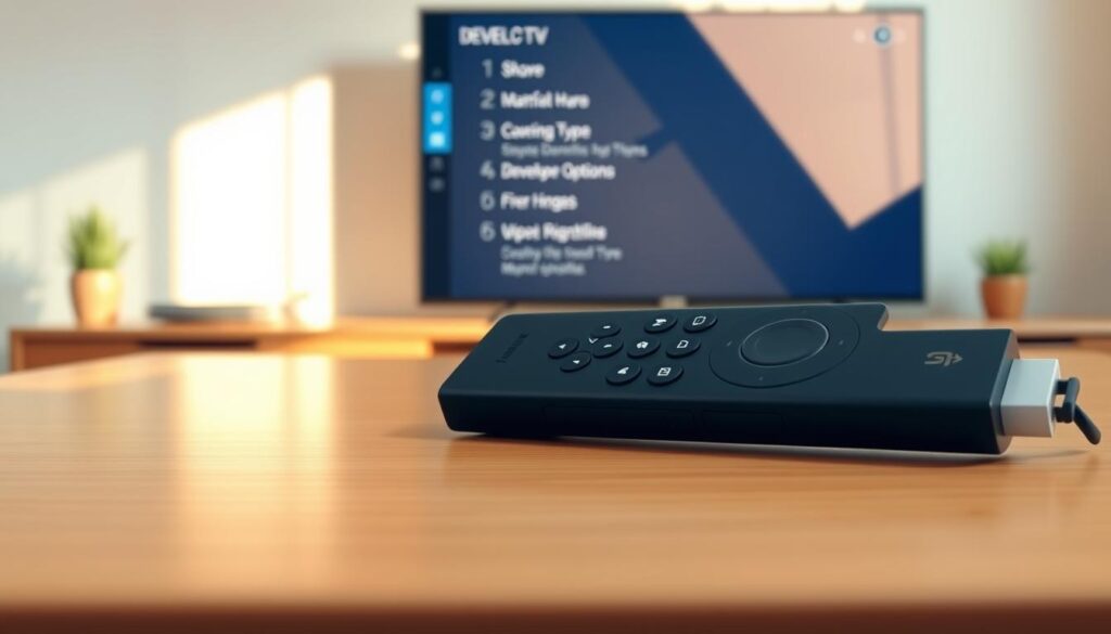 A close-up view of a Fire Stick remote lying on a sleek, modern wooden table, with the TV in the background displaying the Developer Options menu. The screen should show vibrant colors, with clear icons and settings organized neatly. Soft, natural lighting should illuminate the scene, creating a cozy yet tech-savvy atmosphere. The foreground features the remote prominently, showcasing its buttons in detail, while the middle ground subtly blurs the TV display, emphasizing its relevance to the settings being accessed. The overall mood is calm and focused, inviting readers to engage with the technology.