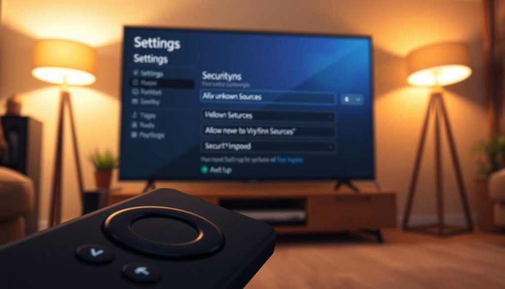 A close-up view of a Fire TV Stick plugged into a modern television, surrounded by a soft ambient glow from the screen displaying settings. In the foreground, an overlay of the Firestick remote control is slightly visible, with its buttons subtly illuminated. The middle ground features a blurred view of a graphical user interface showing security settings and the option to allow unknown sources. The background consists of a cozy living room setting, with warm lighting from a floor lamp, creating a relaxed atmosphere. The image conveys a sense of security and ease of use, suitable for a tech-savvy audience looking to navigate their Firestick settings effectively. No text or additional elements are present, emphasizing the focus on the Firestick and its interface.