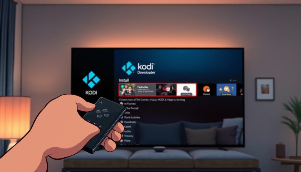 A close-up view of a TV screen displaying the Kodi installation process on a Firestick interface, with the Downloader app highlighted in focus. In the foreground, a hand holding a remote control hovers over the screen, showcasing the user engagement in the setup process. The middle ground reveals a contemporary living room setting with a comfortable couch and ambient lighting that creates a warm and inviting atmosphere. In the background, a modern bookshelf filled with film and tech memorabilia enhances the homey feel. The lighting is soft, mimicking a cozy evening setting, while the angle is slightly tilted to emphasize the action of installation. The image conveys a sense of ease and accessibility in setting up Kodi on a Firestick.