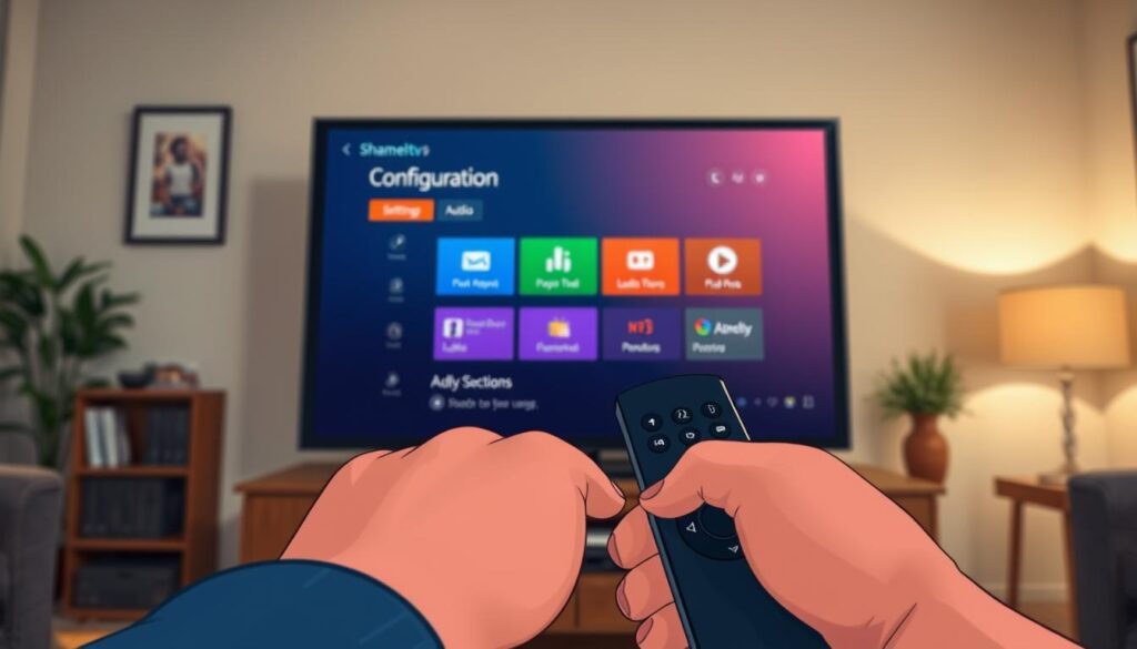 A close-up view of a TV screen displaying the Shameltv application configuration settings. In the foreground, soft-lit hands are interacting with a remote control, highlighting the process of adjusting settings. The middle area showcases a vibrant, colorful interface of the Shameltv app, with icons for configuration options like audio, video, and parental controls. In the background, a cozy living room with subtle, ambient lighting creates a welcoming atmosphere, adding warmth and focus to the scene. The camera angle is slightly tilted downwards to capture the interaction with the remote and the screen simultaneously. The overall mood is informative and approachable, encouraging viewers to engage with the application setup process for their Firestick.