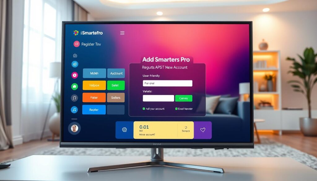 A close-up view of a modern digital interface depicting the registration and user account creation process for IPTV Smarters Pro on a smart TV. In the foreground, a sleek television screen shows a vibrant user-friendly dashboard with colorful buttons and a form for adding a new account. In the middle, a cozy living room with a stylish coffee table, a comfortable couch, and a soft ambient light creates a warm atmosphere, while the background features a softly illuminated bookshelf filled with books and decorative items. The lighting is bright yet soft, emphasizing a welcoming environment. The scene is captured from a slightly elevated angle to showcase both the screen and the inviting living space, evoking a sense of ease and modern technology.
