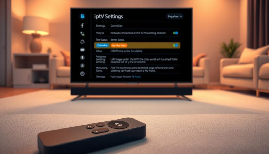 A close-up view of a modern digital interface displaying IPTV troubleshooting settings on an Apple TV. In the foreground, a sleek remote control lies beside the Apple TV, illuminated by a soft, warm light that highlights the textures. The middle ground features a detailed view of the television screen, showcasing clear, vivid icons and settings related to IPTV configuration, such as network connection, server status, and error messages, designed in a user-friendly graphical interface. The background is a minimalistic living room setting with soft focus on furniture, evoking a cozy yet tech-savvy atmosphere. The overall mood is calm and focused, suggesting a sense of clarity and ease in navigating through technical settings. The lighting should be warm and inviting, enhancing the modern aesthetic of the scene.