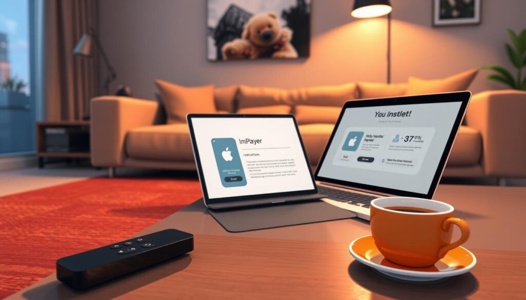 A close-up view of a modern living room featuring an Apple TV prominently displayed, showing the ImPlayer app installation screen. The foreground includes a sleek remote control next to the Apple TV, highlighting its premium design. In the middle ground, a stylish coffee table has an open laptop displaying a step-by-step guide for installation, with a warm cup of coffee beside it. The background features a cozy sofa and soft overhead lighting creating a relaxed atmosphere, enhancing the tech-savvy vibe. The room should feel inviting and contemporary, with soft shadows and a focus on the devices, evoking a sense of ease in setting up streaming services.